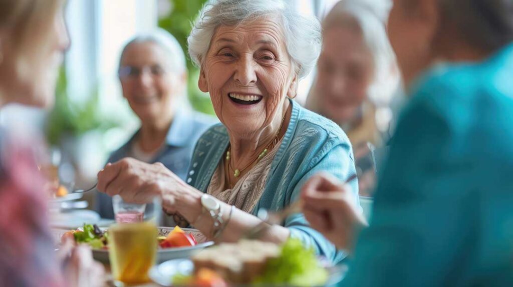 Older adult smiles with a family member during a quiet visit in a bright assisted living room.